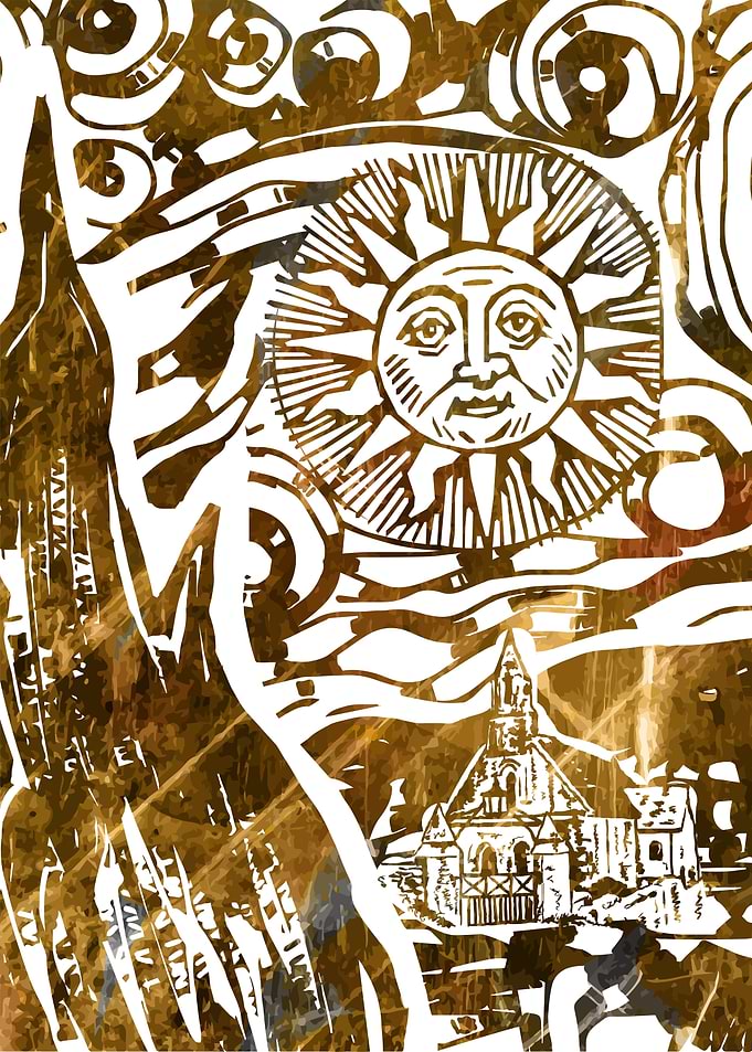 Starry Night Sun and Church with Abstract Background
