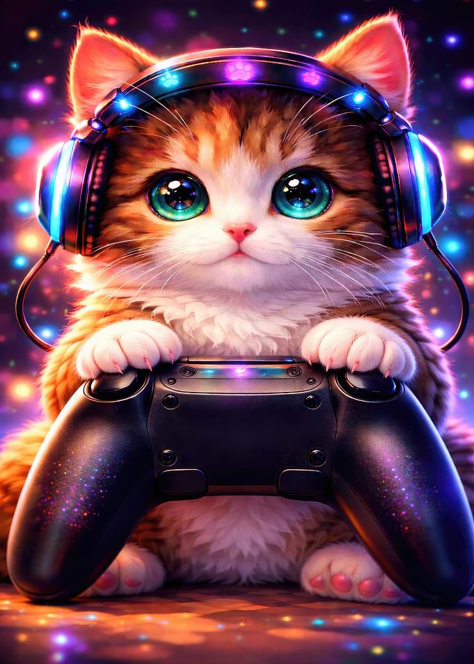 Cute Cat Gamer with Headphones and Controller