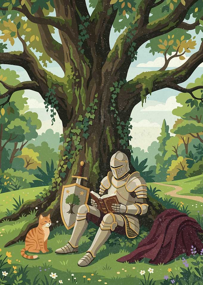 Knight Reading Under a Tree with Cat