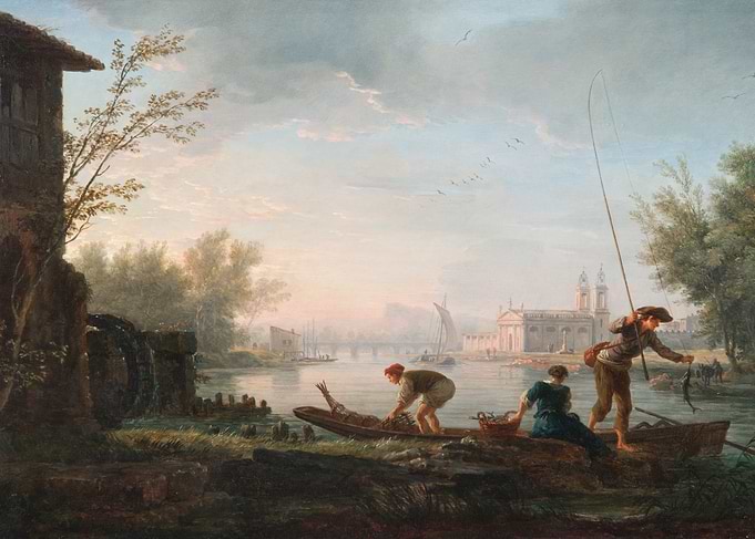 River Scene with Fishermen and Town