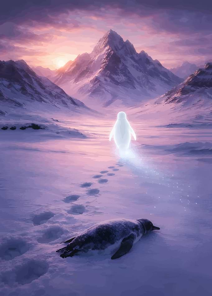 Ghostly Penguin Ascends in Snowy Landscape