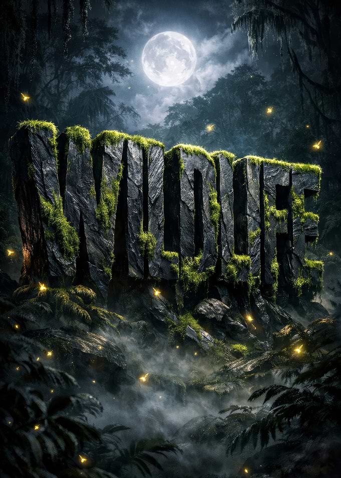 Wildlife text in a mystical forest