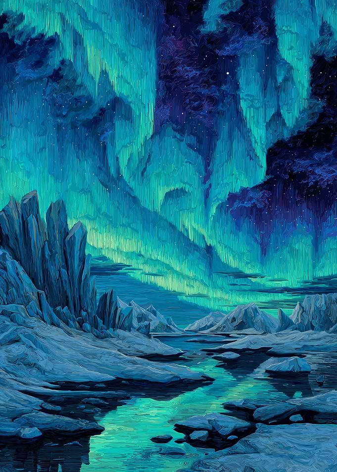 Aurora Borealis Over Icy Landscape