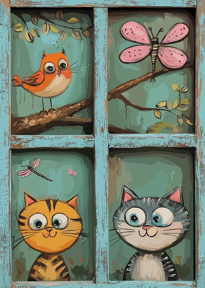 Cute Animals in a Window Painting