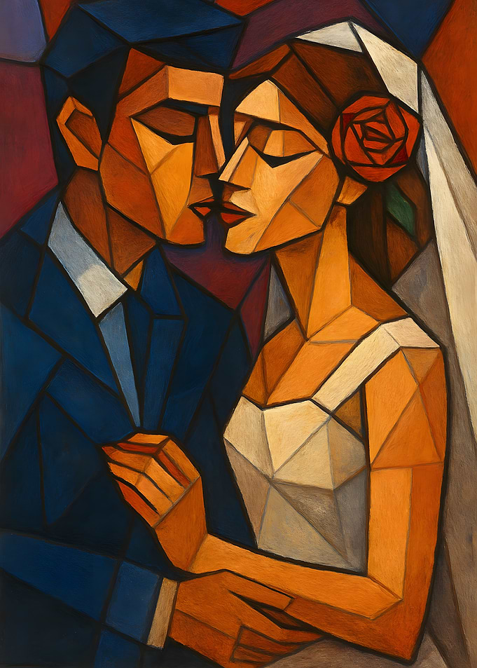 Cubist Wedding Couple Kissing