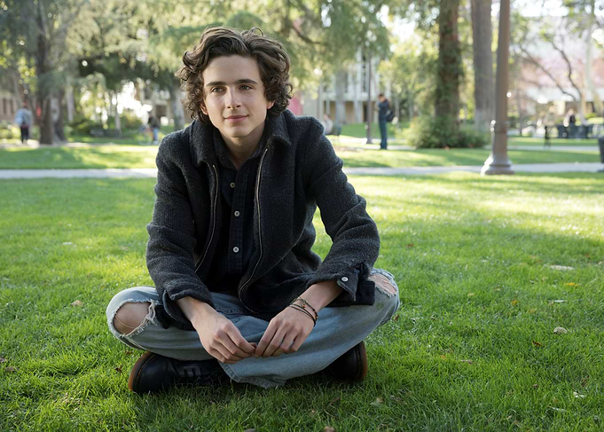 Timothée Chalamet sitting on grass