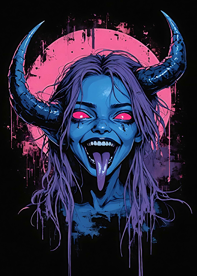 Blue Demon Girl with Pink Moon