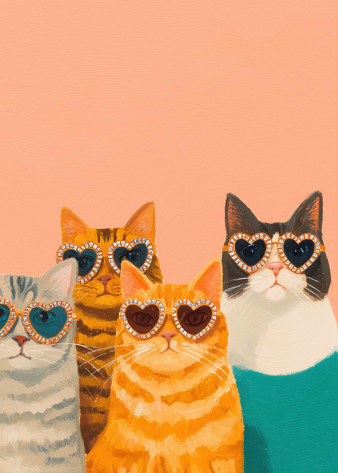 Four Cats Wearing Heart Sunglasses