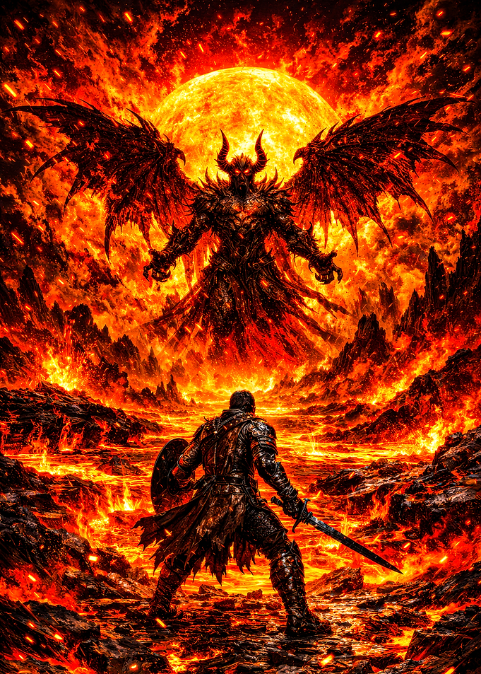 Knight facing a demon in hell