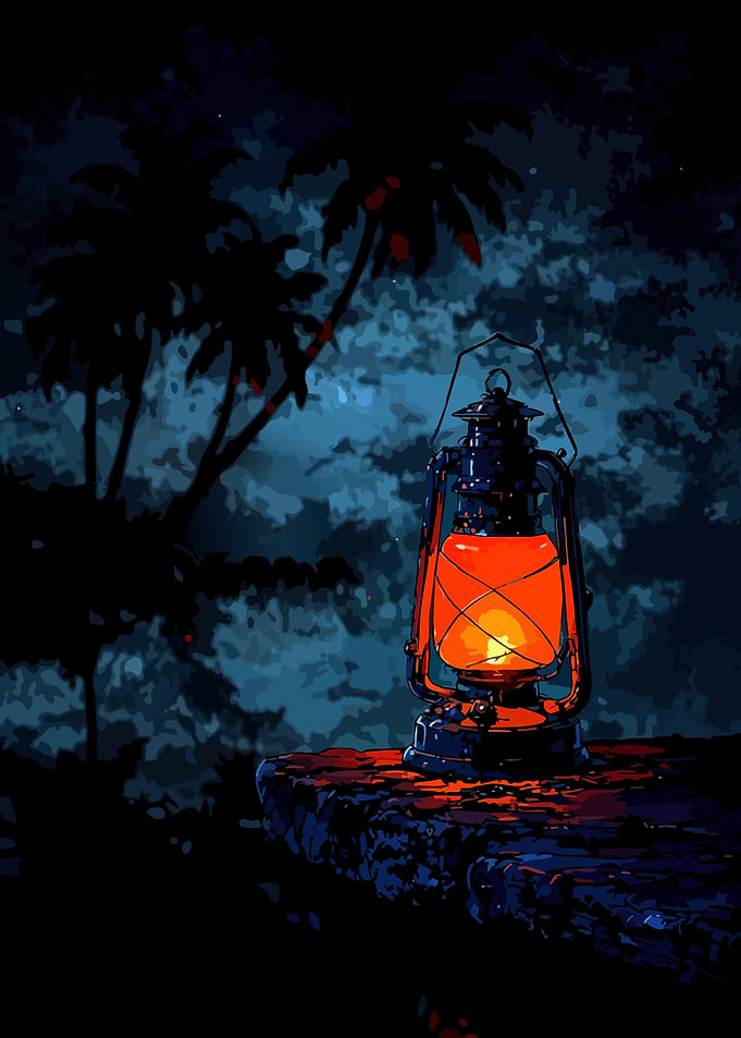 Lantern on a rock at night