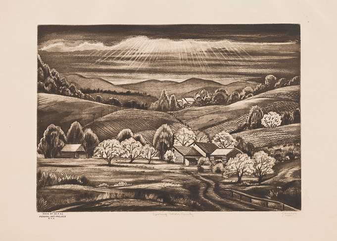 Rural Landscape with Farmhouses and Sunbeams