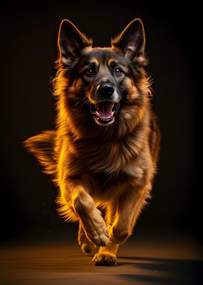German Shepherd Running with Golden Light