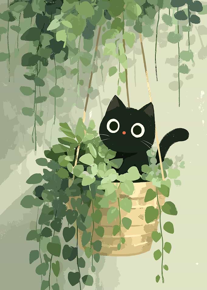 Cute Black Cat in Hanging Plant