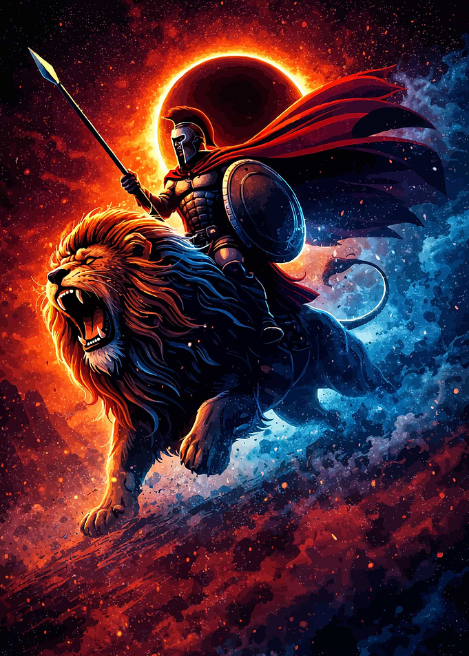 Spartan Warrior Riding a Lion