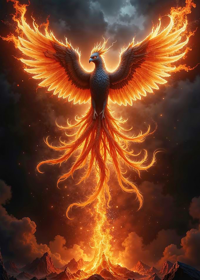 Fantasy Fiery Phoenix Rising from Volcano