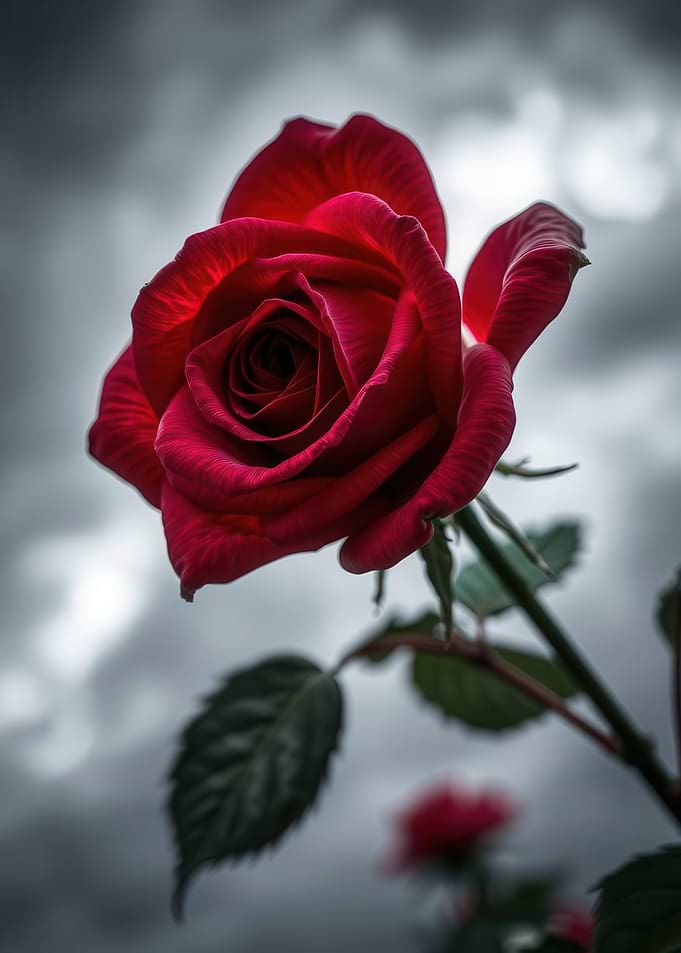 Dramatic Red Rose Against Cloudy Sky