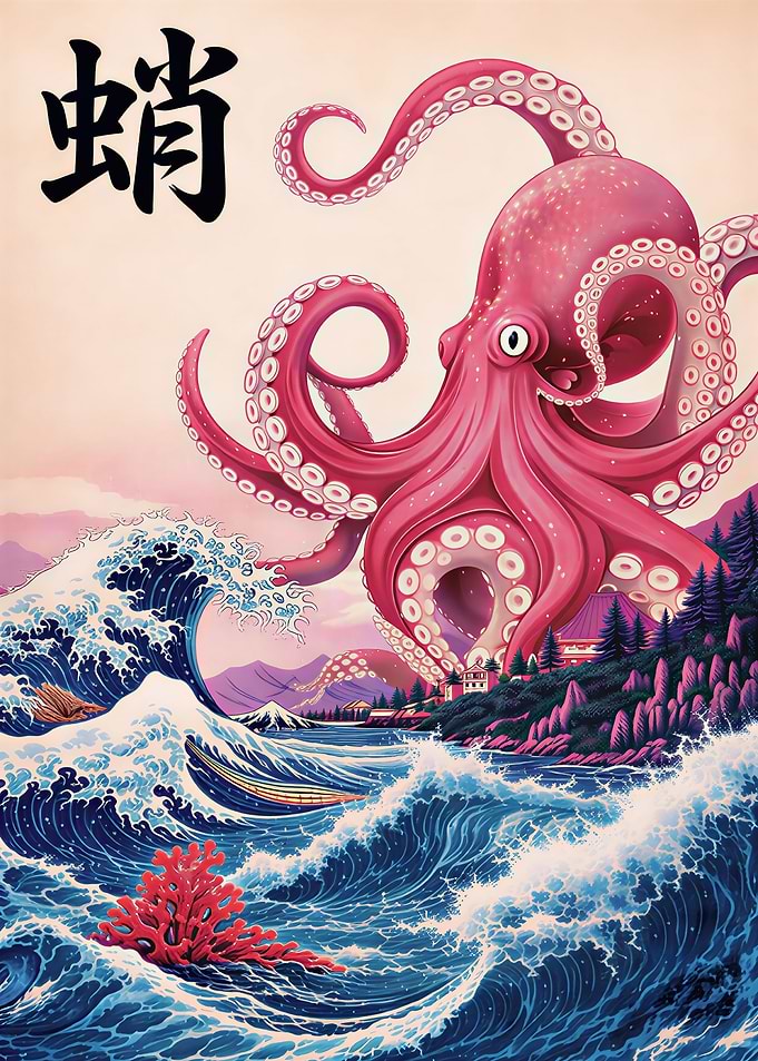 Giant Pink Octopus Overlooking Japanese Coastline