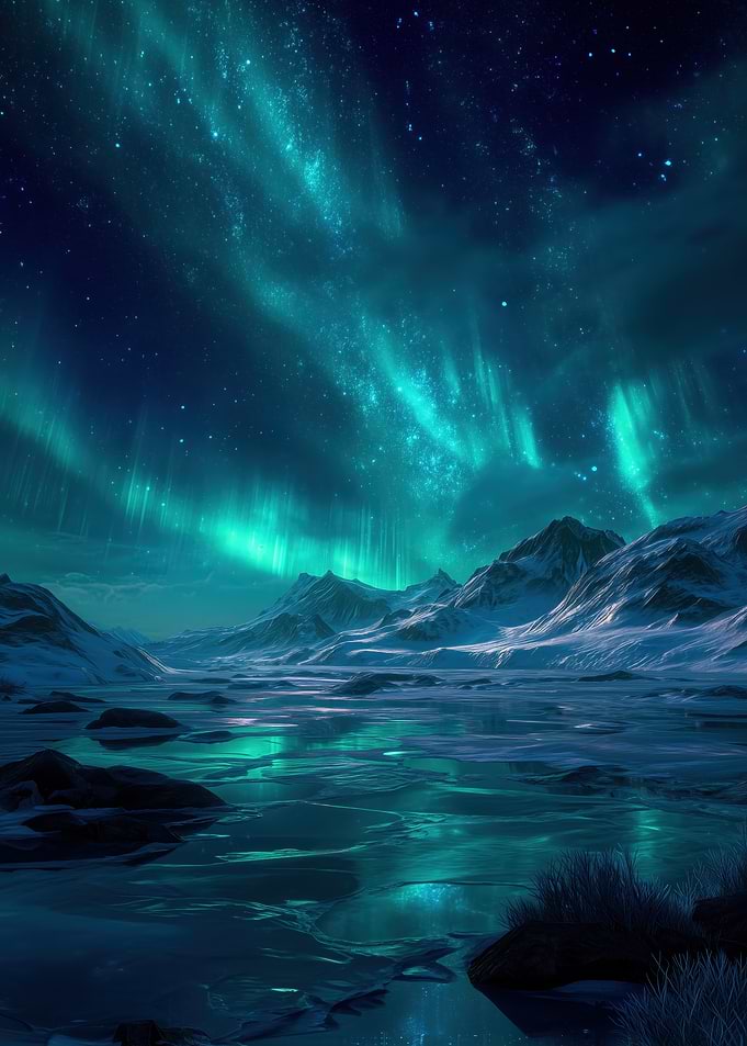 Aurora Borealis Over Snowy Mountains