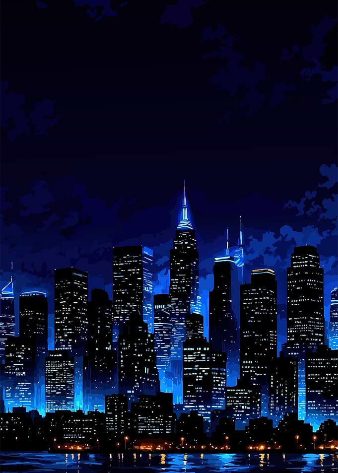 Nighttime City Skyline with Blue Lights
