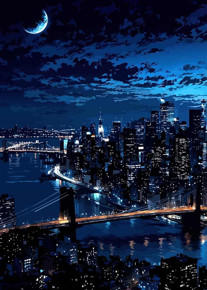 Nighttime Cityscape with Crescent Moon