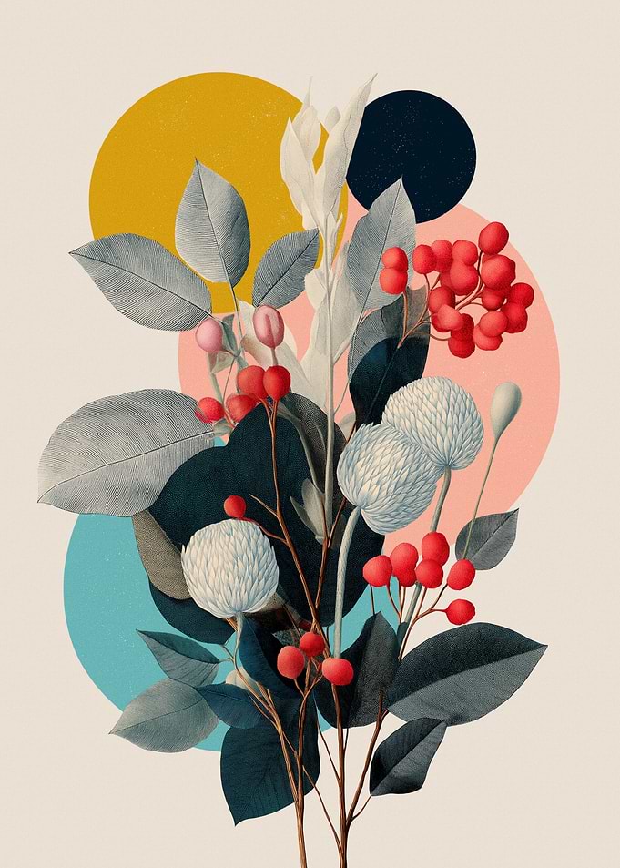 Botanical Illustration with Abstract Circles