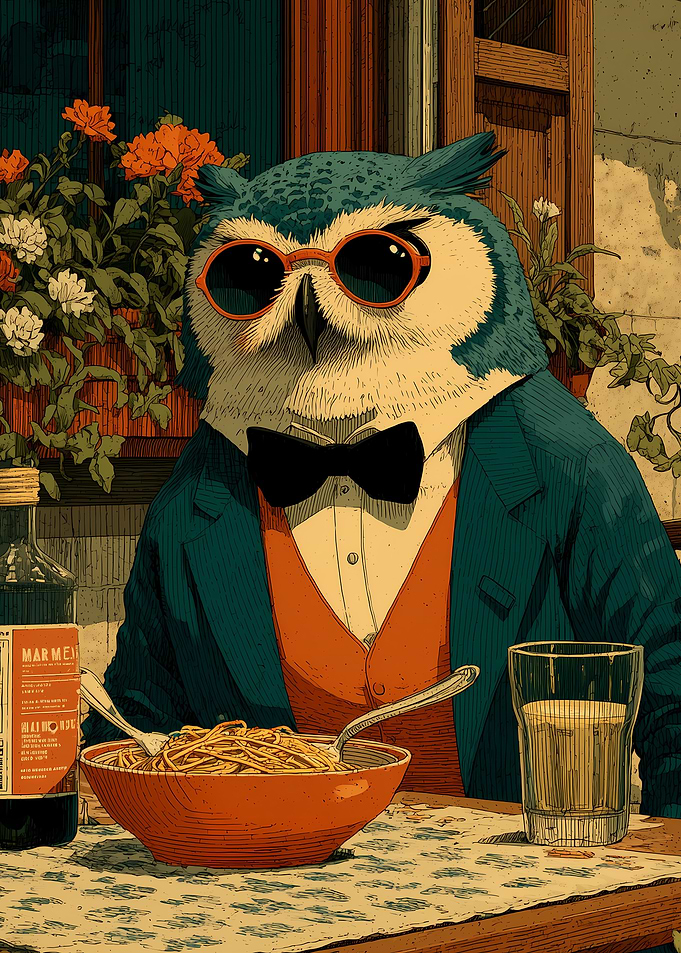 the Owl Dines on Spaghetti Italia