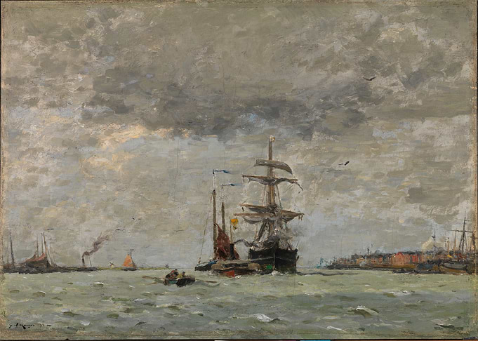 Ships on a choppy sea under a cloudy sky