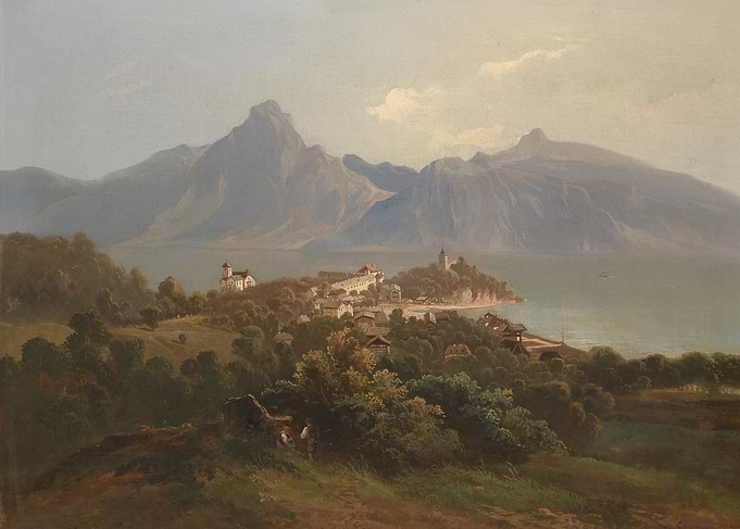 Scenic painting of a lakeside town and mountains