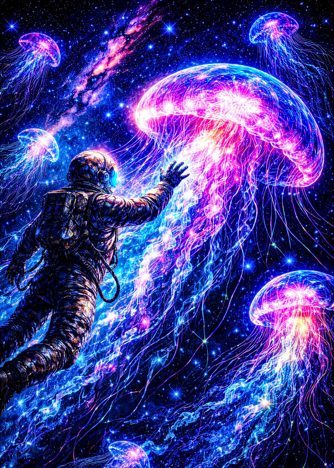 Astronaut Reaching for Jellyfish in Space