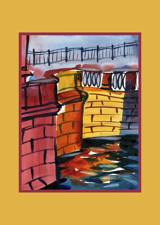 Watercolor Painting of a Canal Bridge