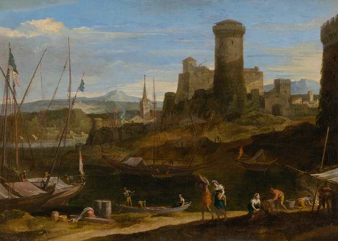 Harbor scene with castle and boats