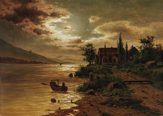 Moonlit Lakeside Village and Boat