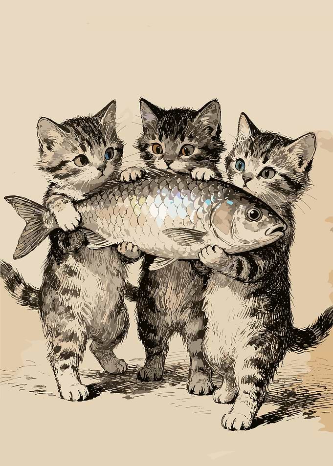Three kittens holding a large fish