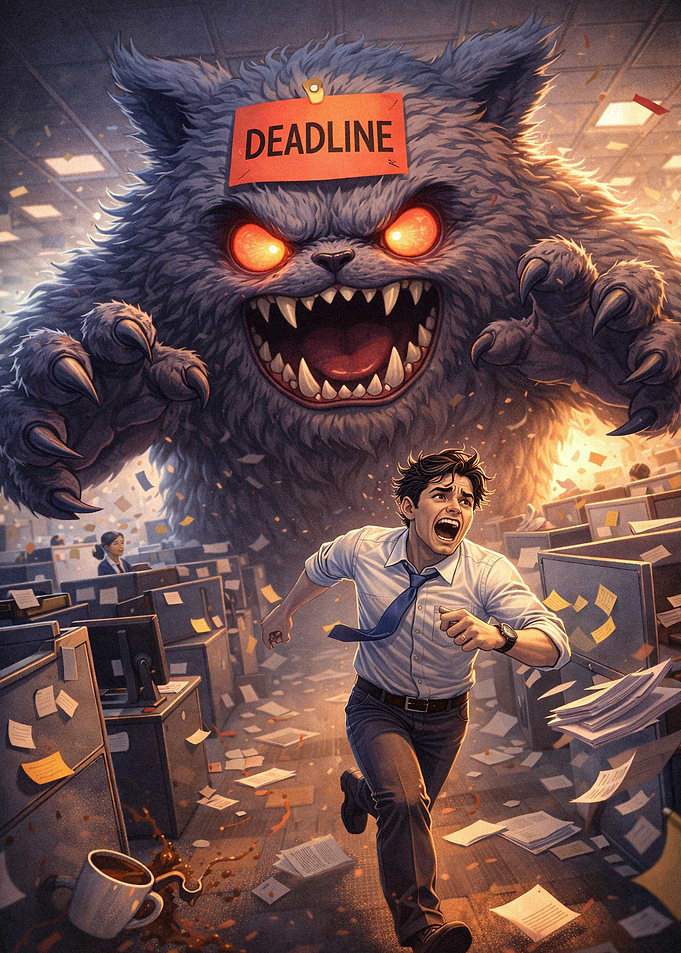 Meme Deadline Monster Chasing Man in Office