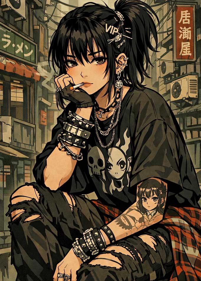 Punk Anime Girl Smoking in City