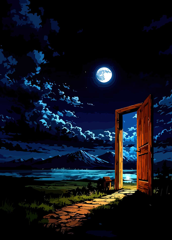 Open Door to a Moonlit Landscape