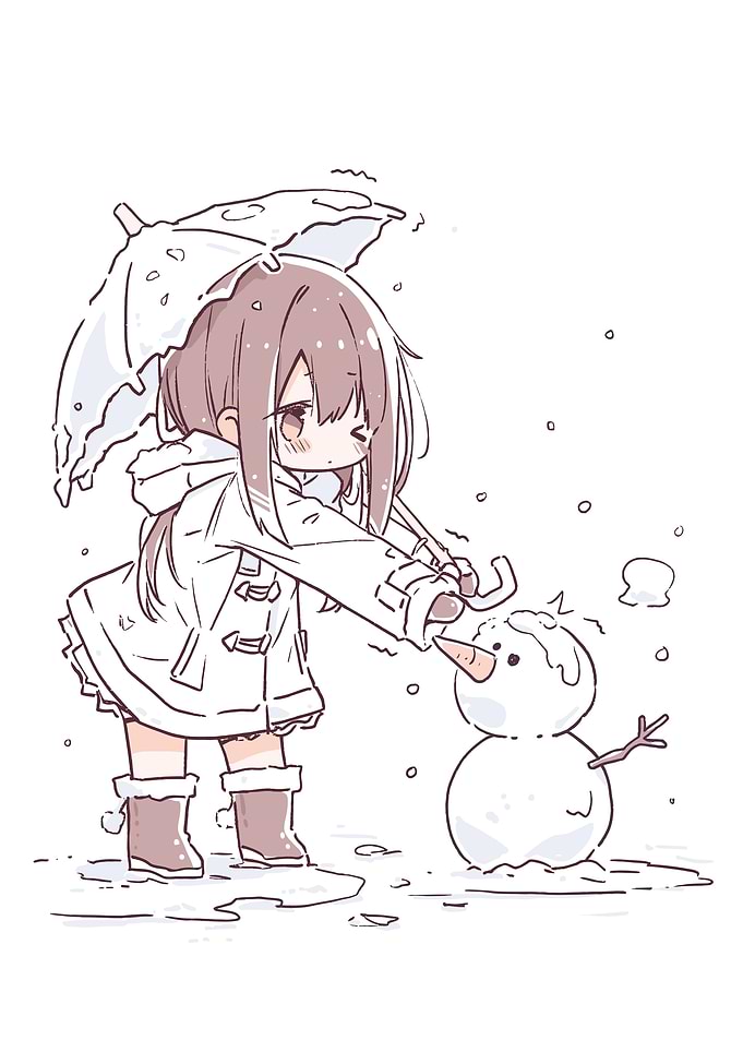 Girl Building a Snowman Under an Umbrella