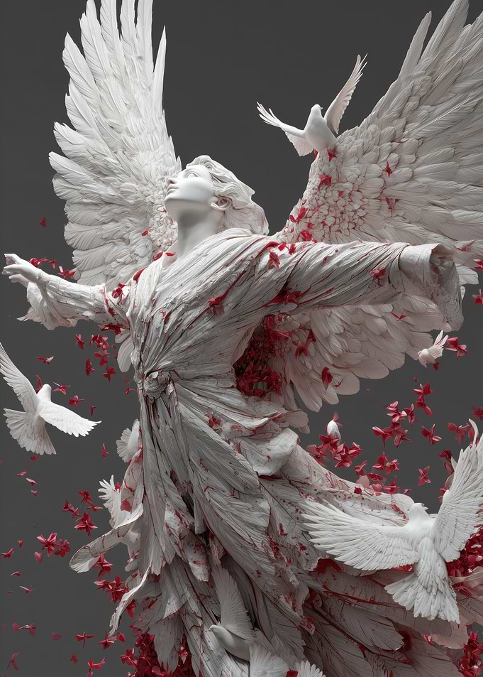 Angel with Doves and Red Petals