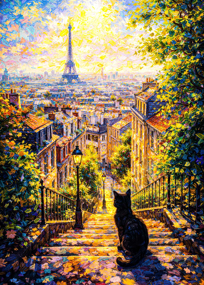 Cat on Paris Steps with Eiffel Tower View