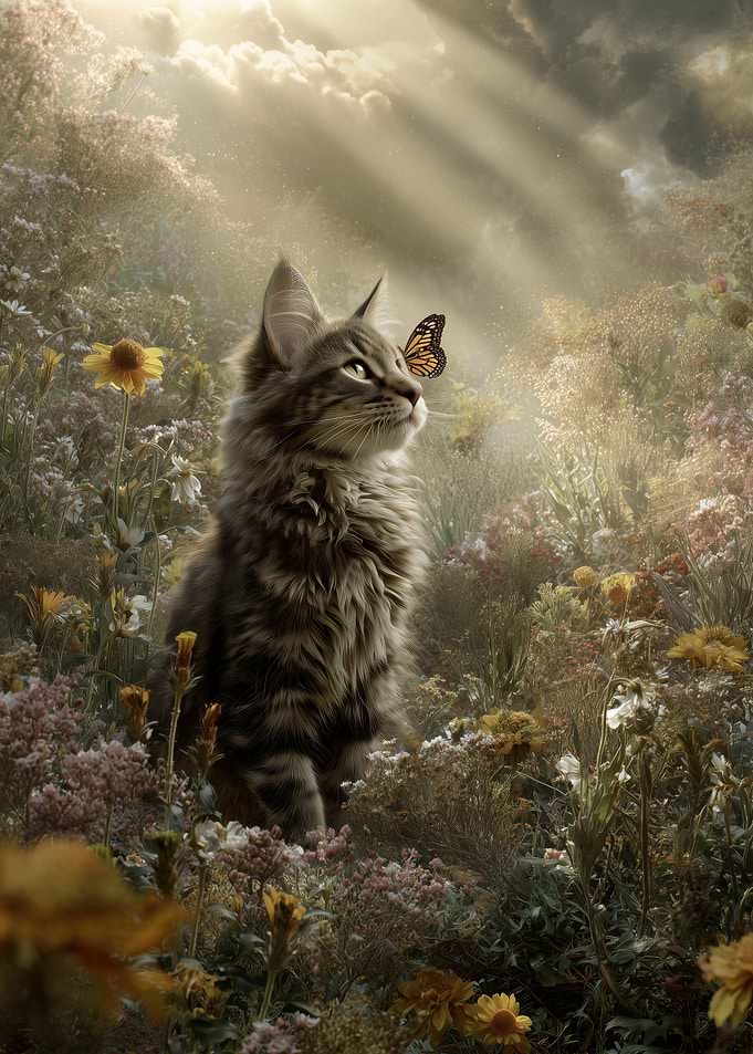 Cat and Butterfly in a Meadow