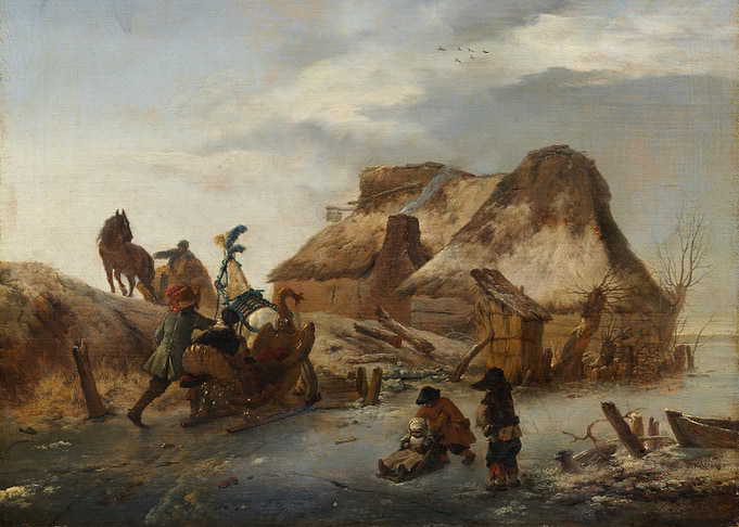 Winter Scene with Sledding and Cottages