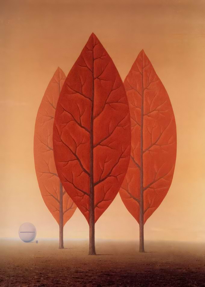 Surreal Autumn Landscape with Red Leaves and Orb