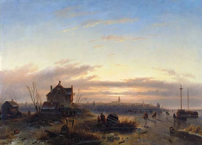 Winter Ice Skating Scene at Sunset