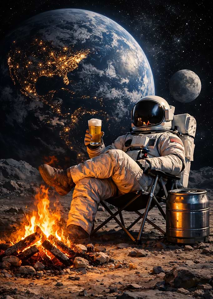 Astronaut relaxing on the moon with a beer