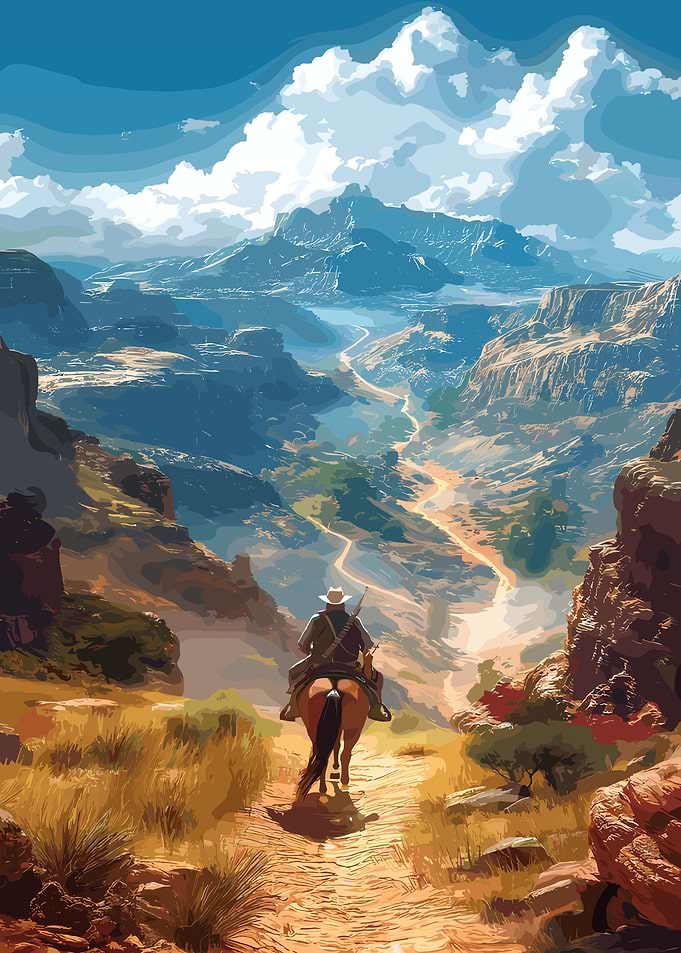 Cowboy riding through a canyon