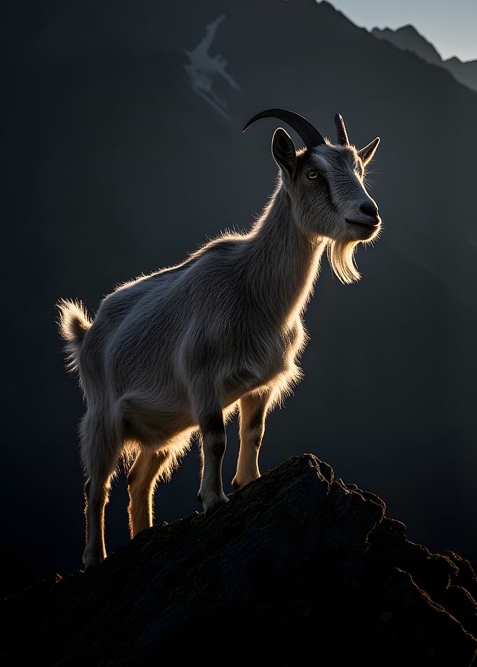 Goat on a rocky mountain peak at sunrise