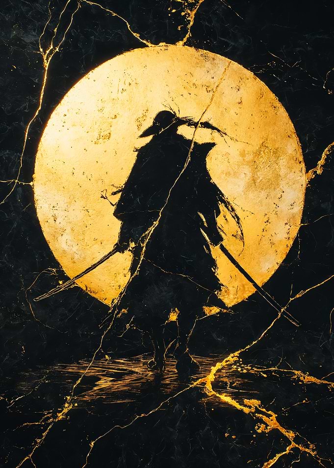 Gold Kintsugi Samurai Silhouette Art