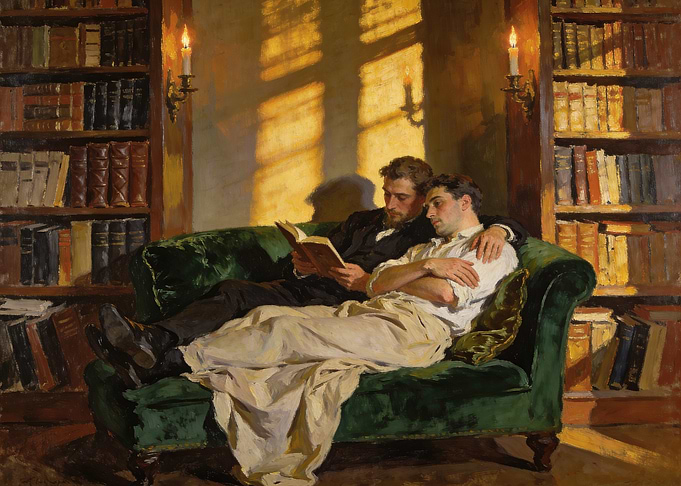 Two men reading in a library