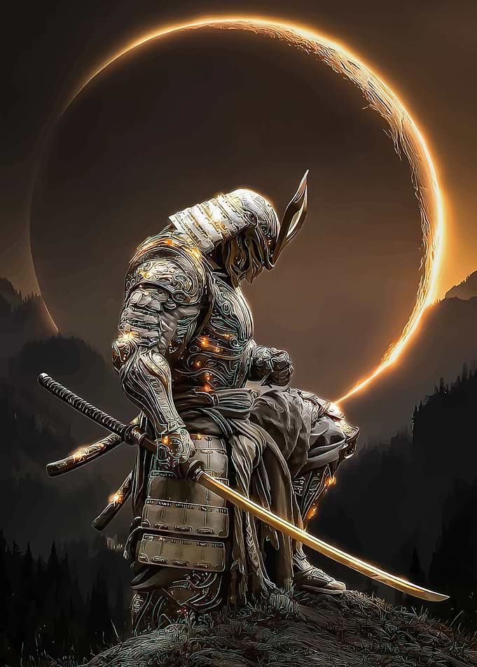Samurai Warrior Under a Ringed Celestial Body