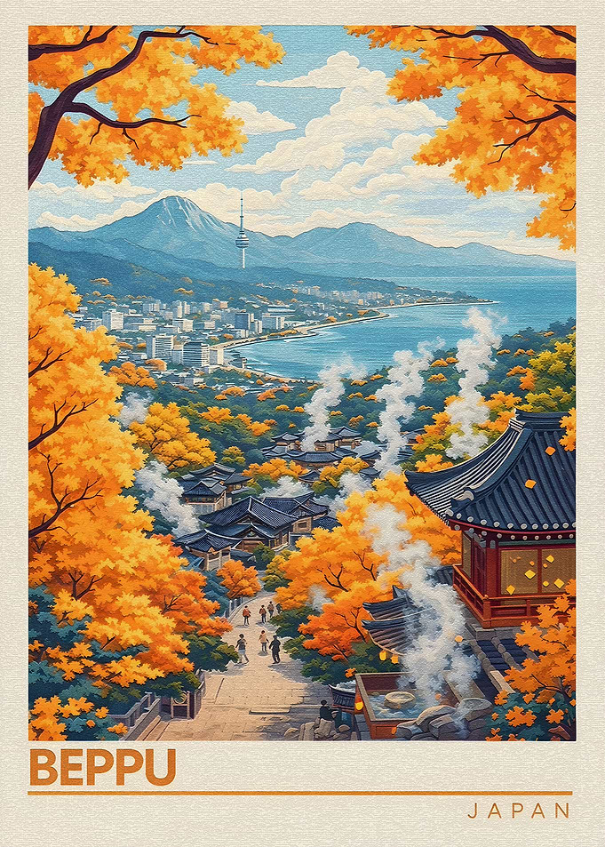 Beppu Japan Autumn Travel Poster